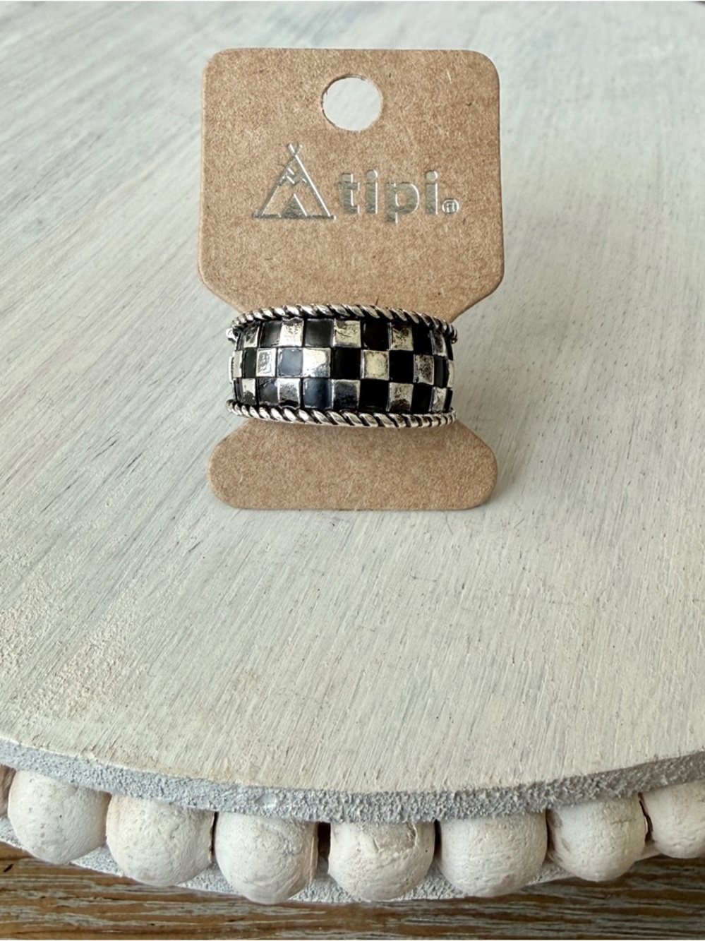 Tipi Black & Silvertone Checkmate Ring